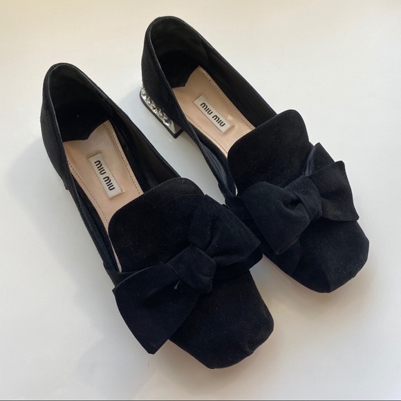 Miu Miu Black Suede Bow Jeweled Donna Loafers 38 - Picture 5 of 12